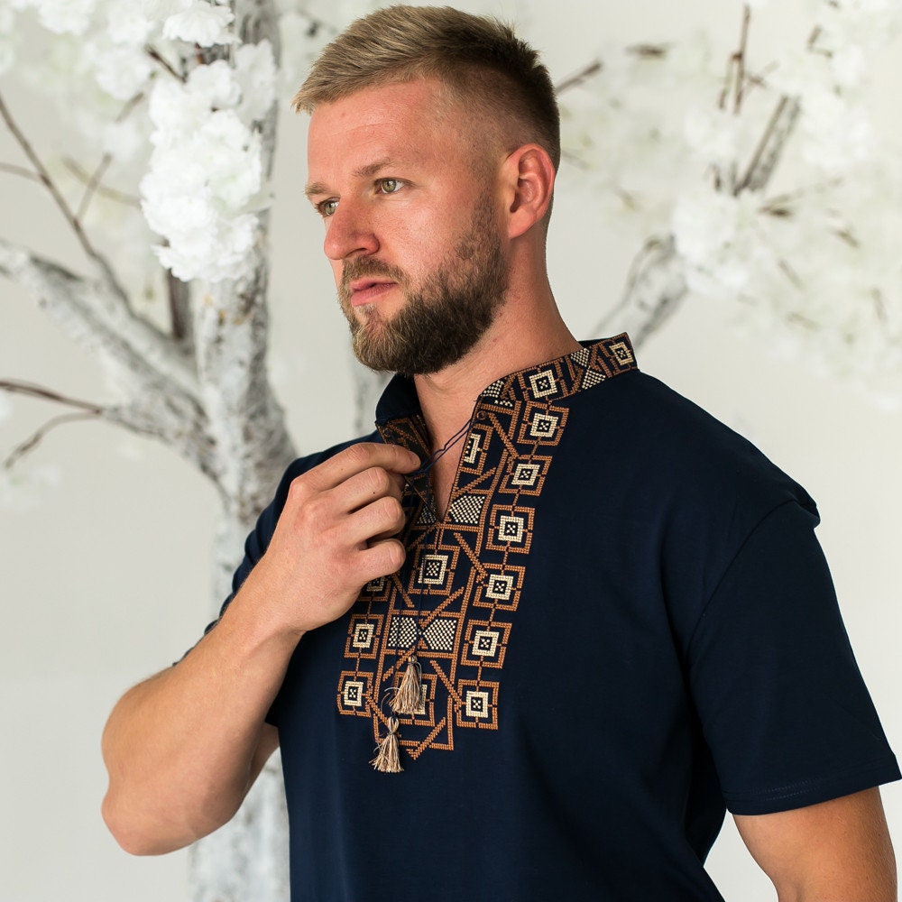 S-3XL Slavic Embroidered T-Shirt for Men with Blue Base with Brown Embroidery