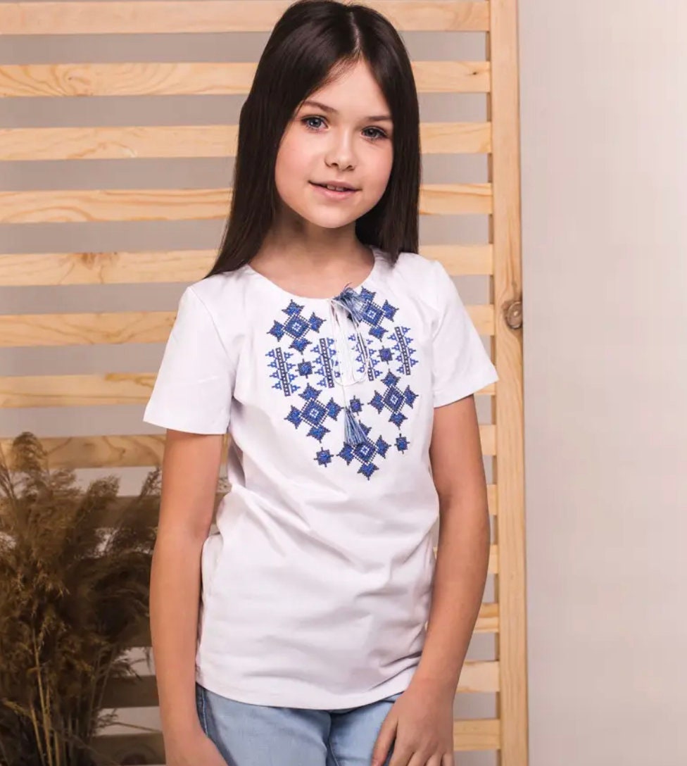 Modern Cotton Ukrainian Vyshyvanka T-Shirt for Girls with Blue Embroidery