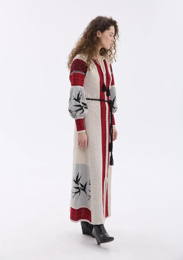 XS-4XL Chic Long Knitted Linen Ukrainian Dress With Lastivky Brirds Pattern