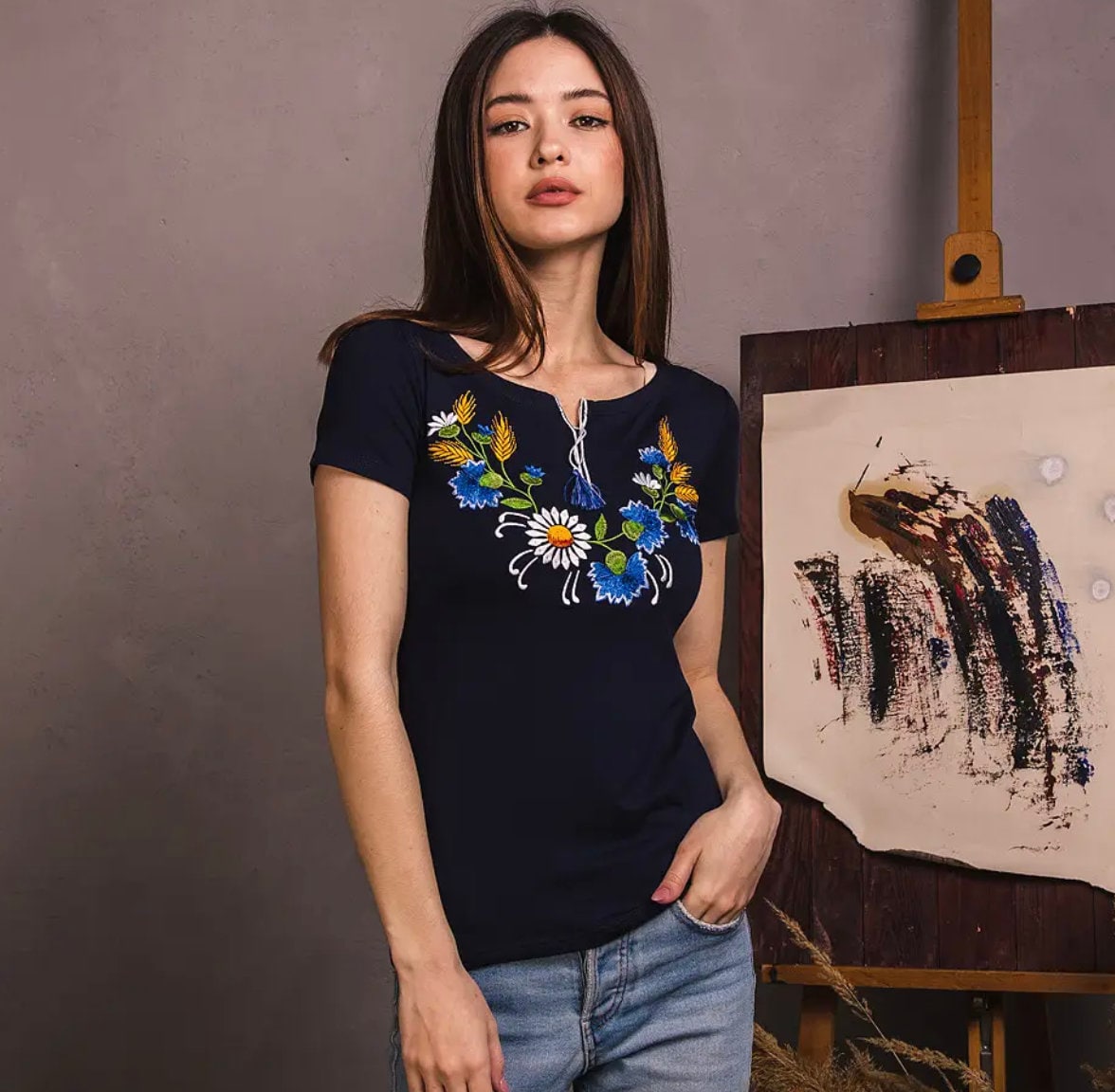 S-3XL Navy Blue Vyshyvanka T-Shirt with Ukrainian Field Flowers and Tassel Detail