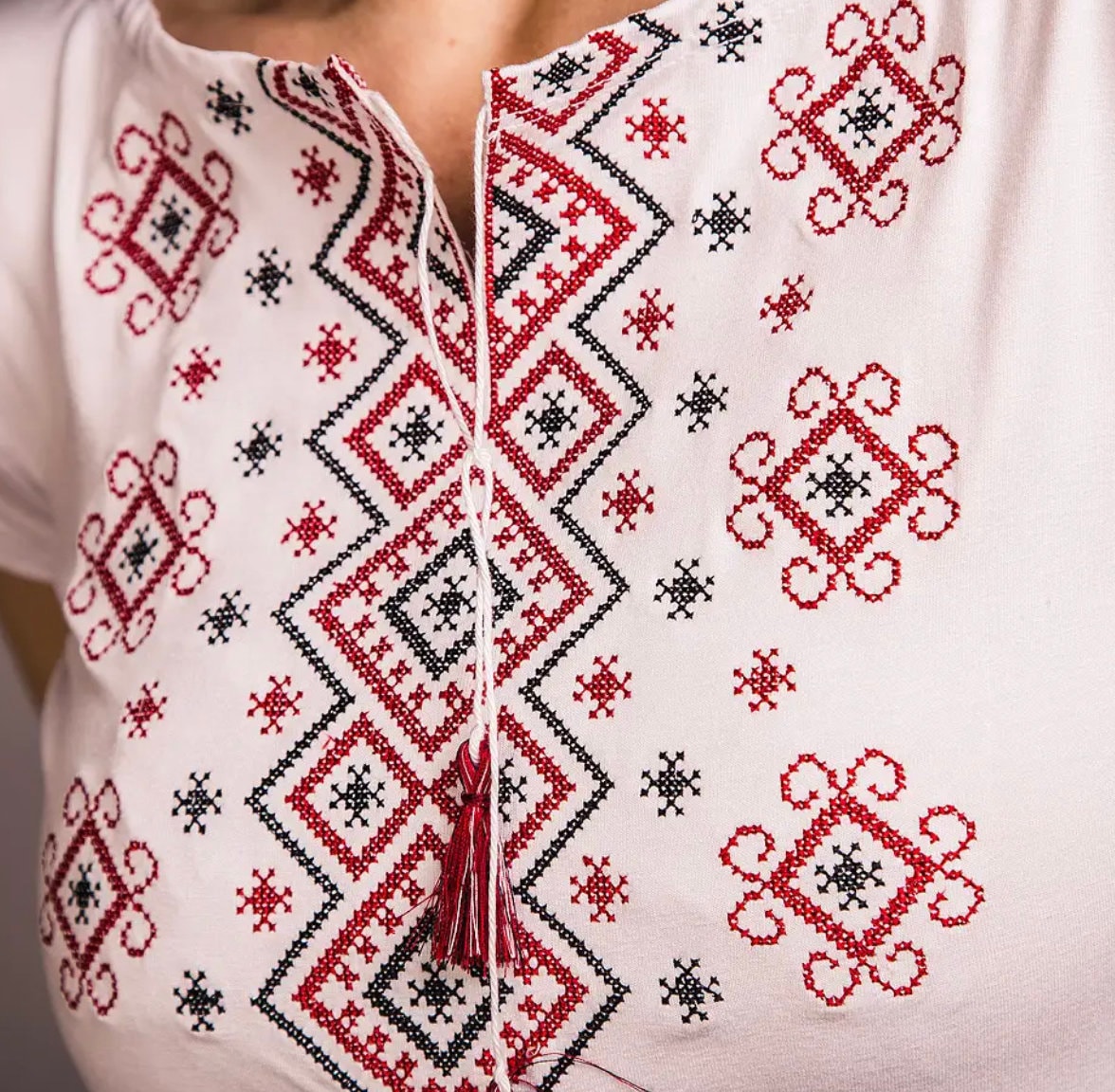 S-3XL White Embroidered Ukrainian T-Shirt with Red & Black Geometric Motif