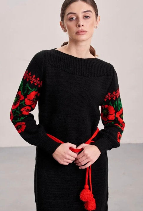 Black Winter Knit Dress with Red Poppy Sleeve Embroidery – Oversized Warm Pencil Dress with Belt