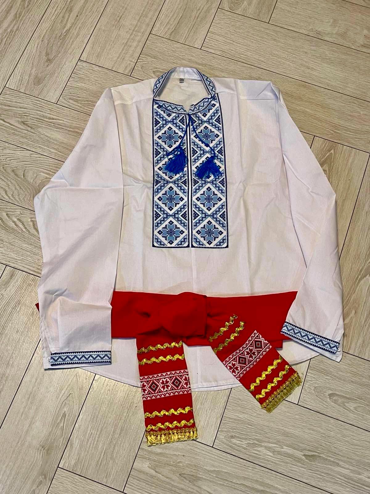 Red Adult Folk Ukrainian Cossak Costume with Hat Sharovary and Shirt