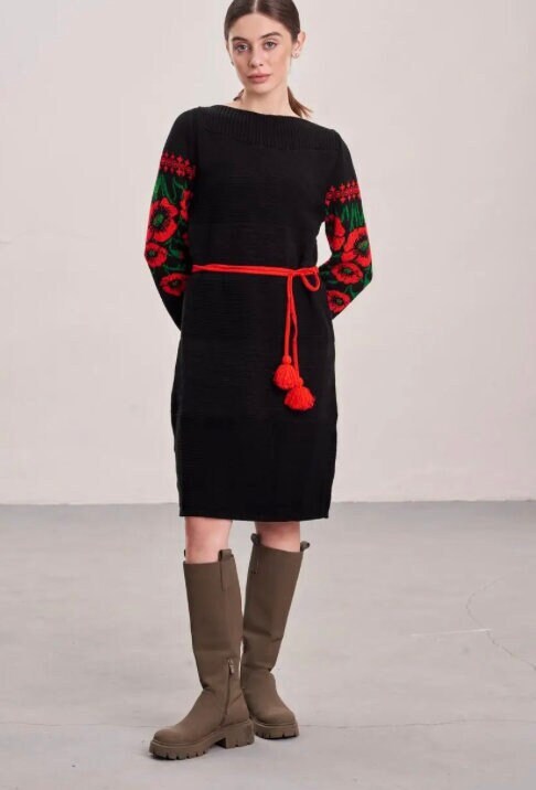 Black Winter Knit Dress with Red Poppy Sleeve Embroidery – Oversized Warm Pencil Dress with Belt