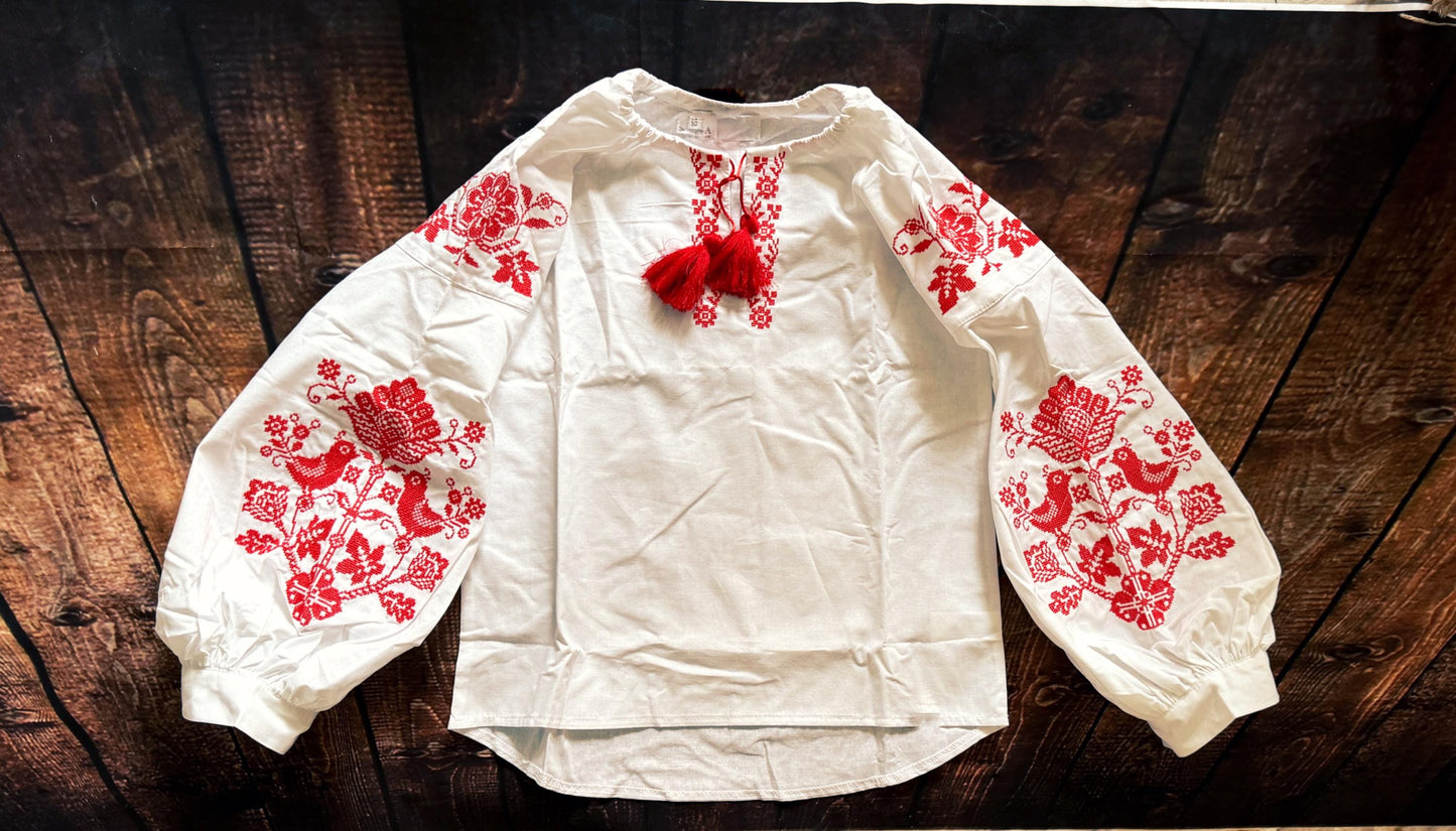 Modern Cotton Ukrainian Vyshyvanka Blouse for Girls with Red Embroidered Bird Motif