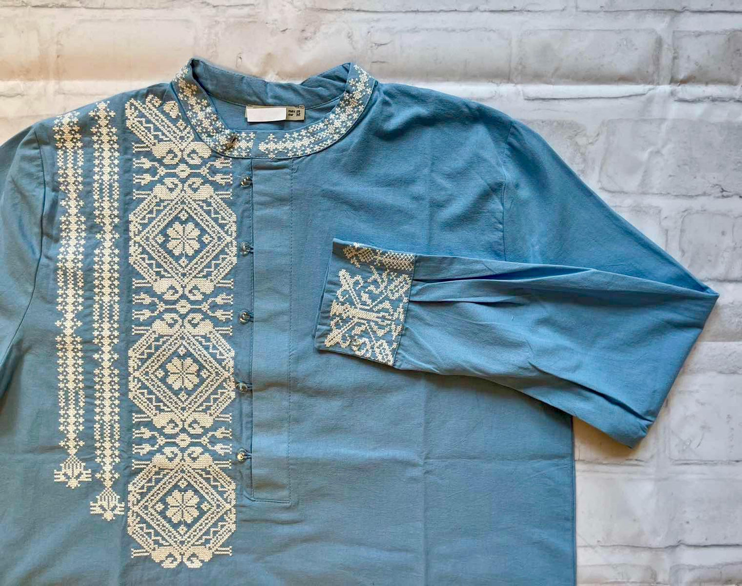 S-2XL Traditional Blue Ukrainian Vyshyvanka Shirt with Embroidery