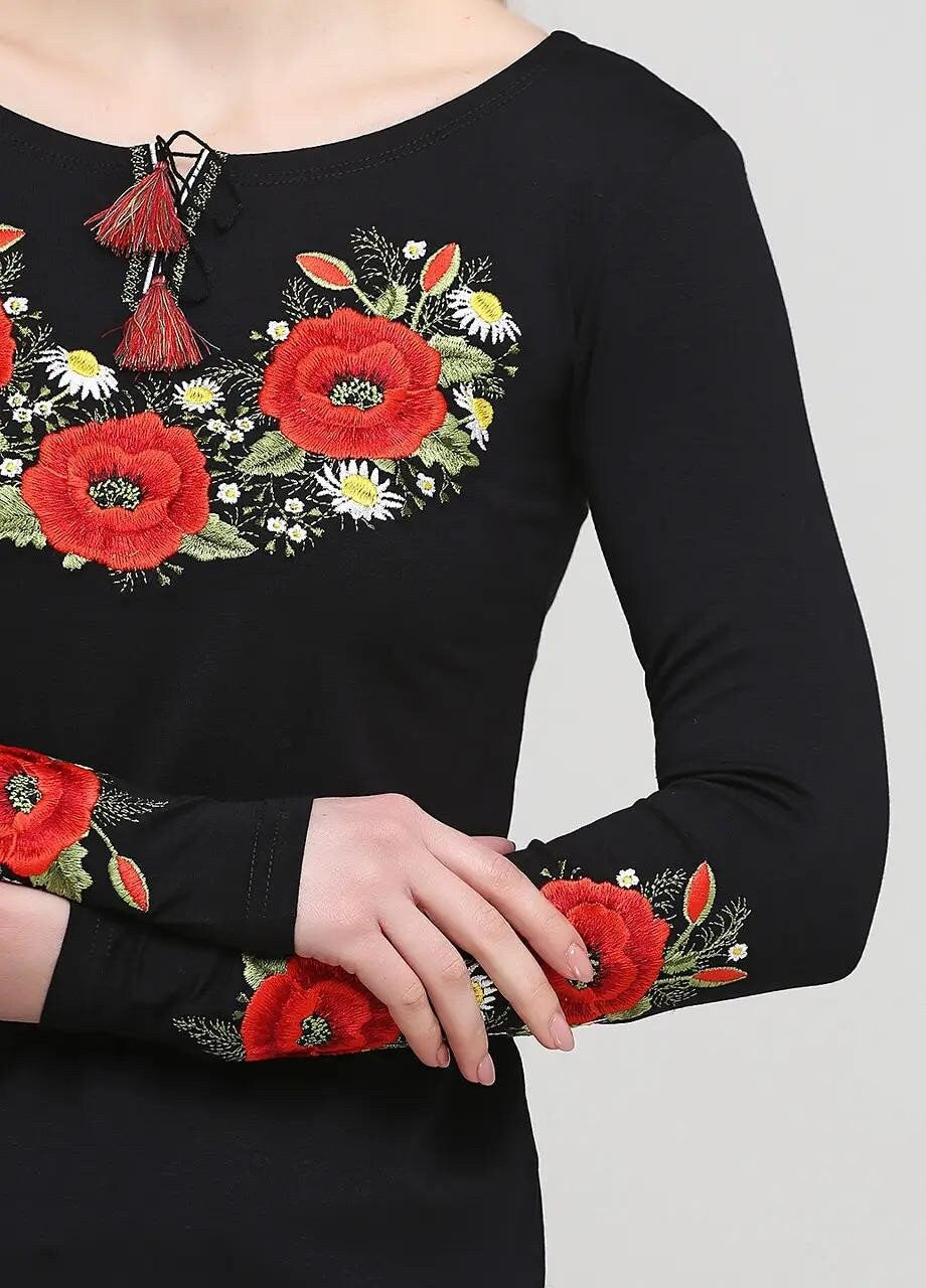 Bold Black Ukrainian Blouse with Red Poppy Embroidery