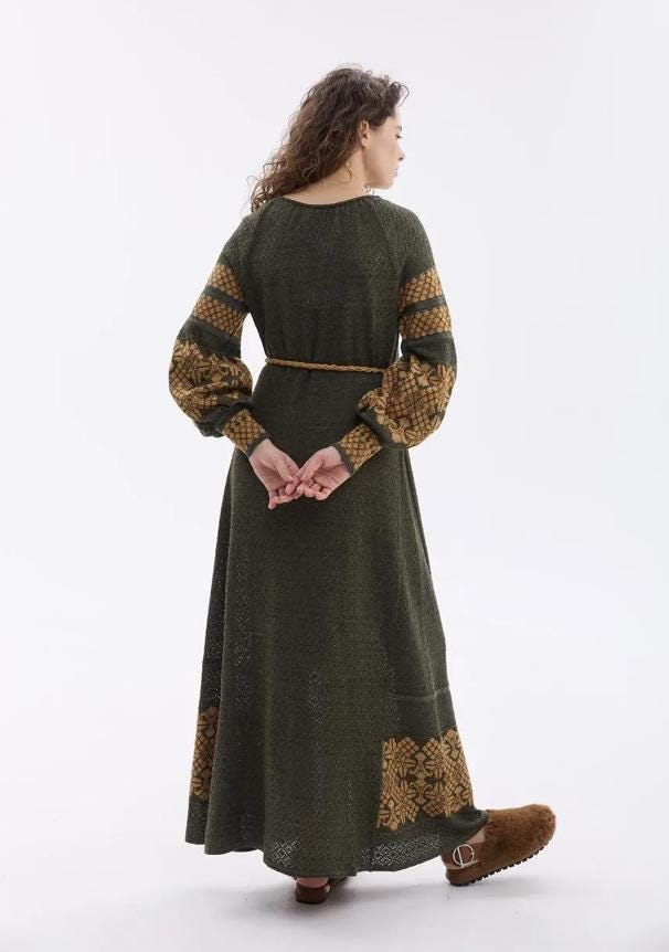 Ultra-stylish Long Summer Linen Crochet Vyshyvanka Dress In Olive Color