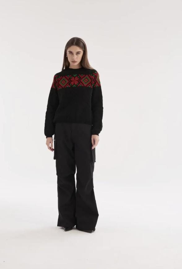 Modern Black Oversized Sweater with Ukrainian Embroidery-Inspired Motifs