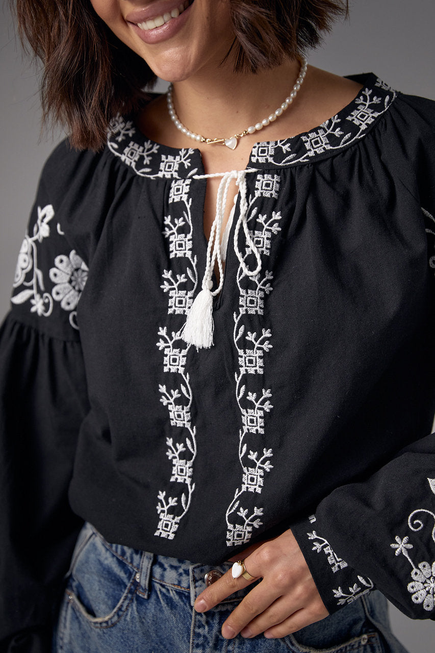 S-2XL Bohemian Style Black Embroidered Blouse for Women