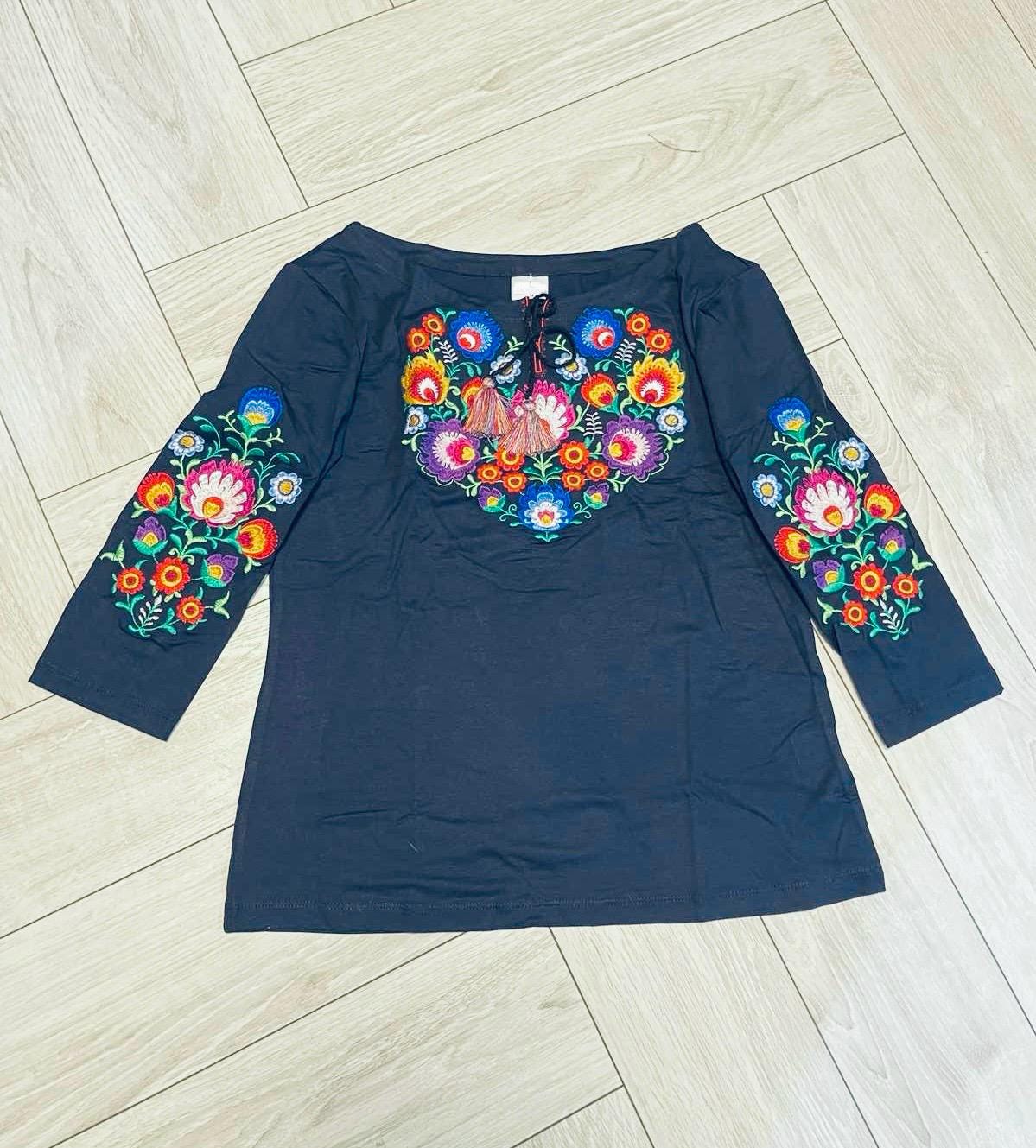 S-4XL Stylish Blue Ukrainian Blouse with Vibrant Petrykivka Floral Mix Embroidery