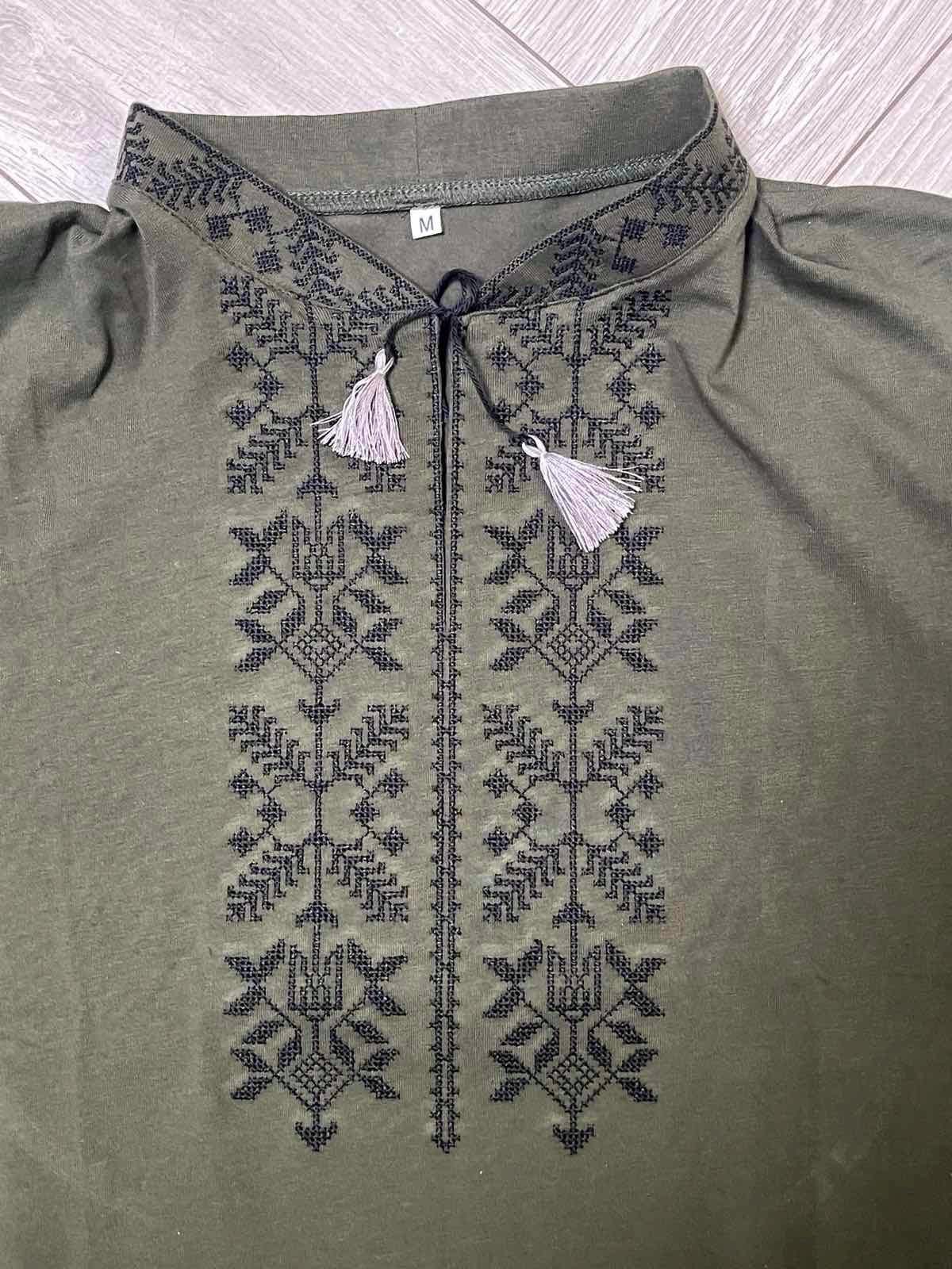 Khaki Green Ukrainian T-Shirt for Men with Tryzub Embroidery