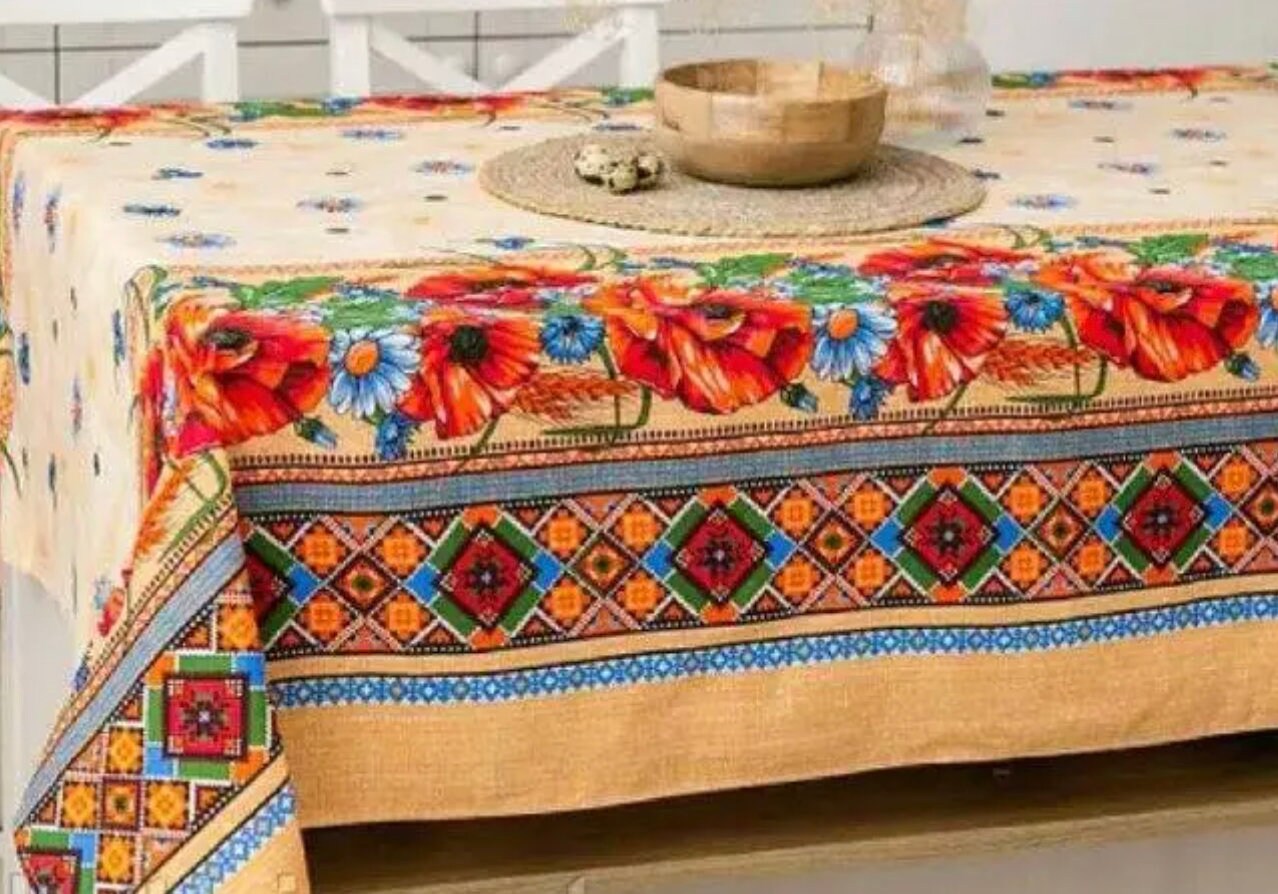 Vibrant Ukrainian Tablecloth with Poppy Seed Flower Pattern
