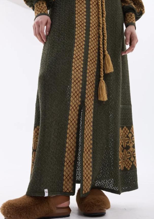 Ultra-stylish Long Summer Linen Crochet Vyshyvanka Dress In Olive Color