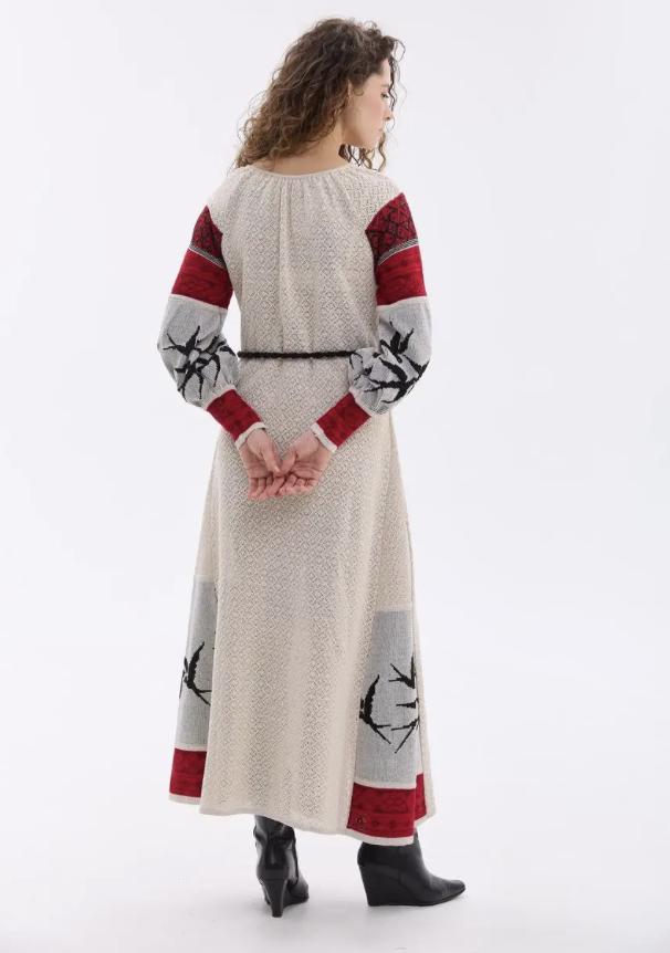 XS-4XL Chic Long Knitted Linen Ukrainian Dress With Lastivky Brirds Pattern