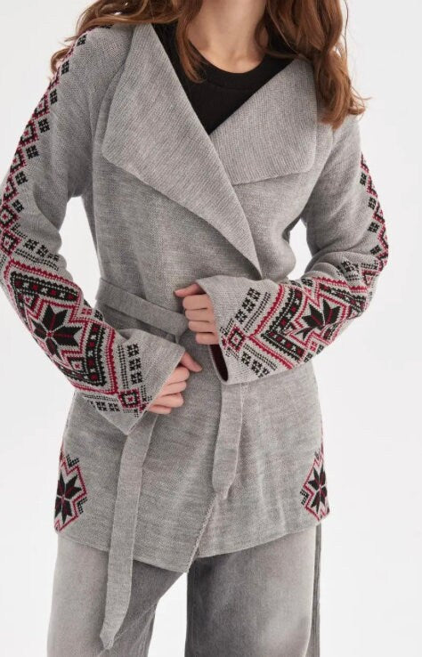 Geometric Cozy Cardigan Sweater with Traditional Ukrainian embroidery-inspired motifs