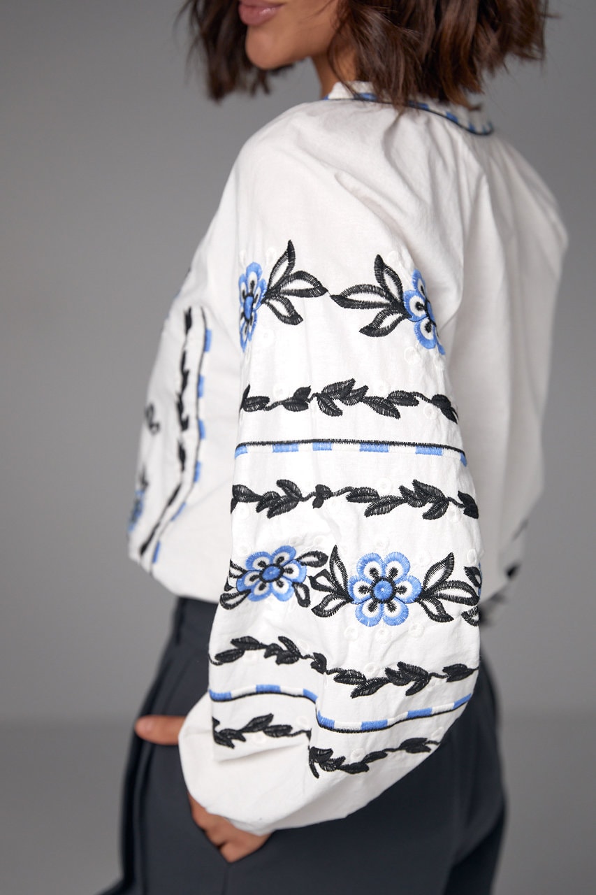 White Ukrainian Embroidered Vyshyvanka Blouse with Tender Traditional Pattern