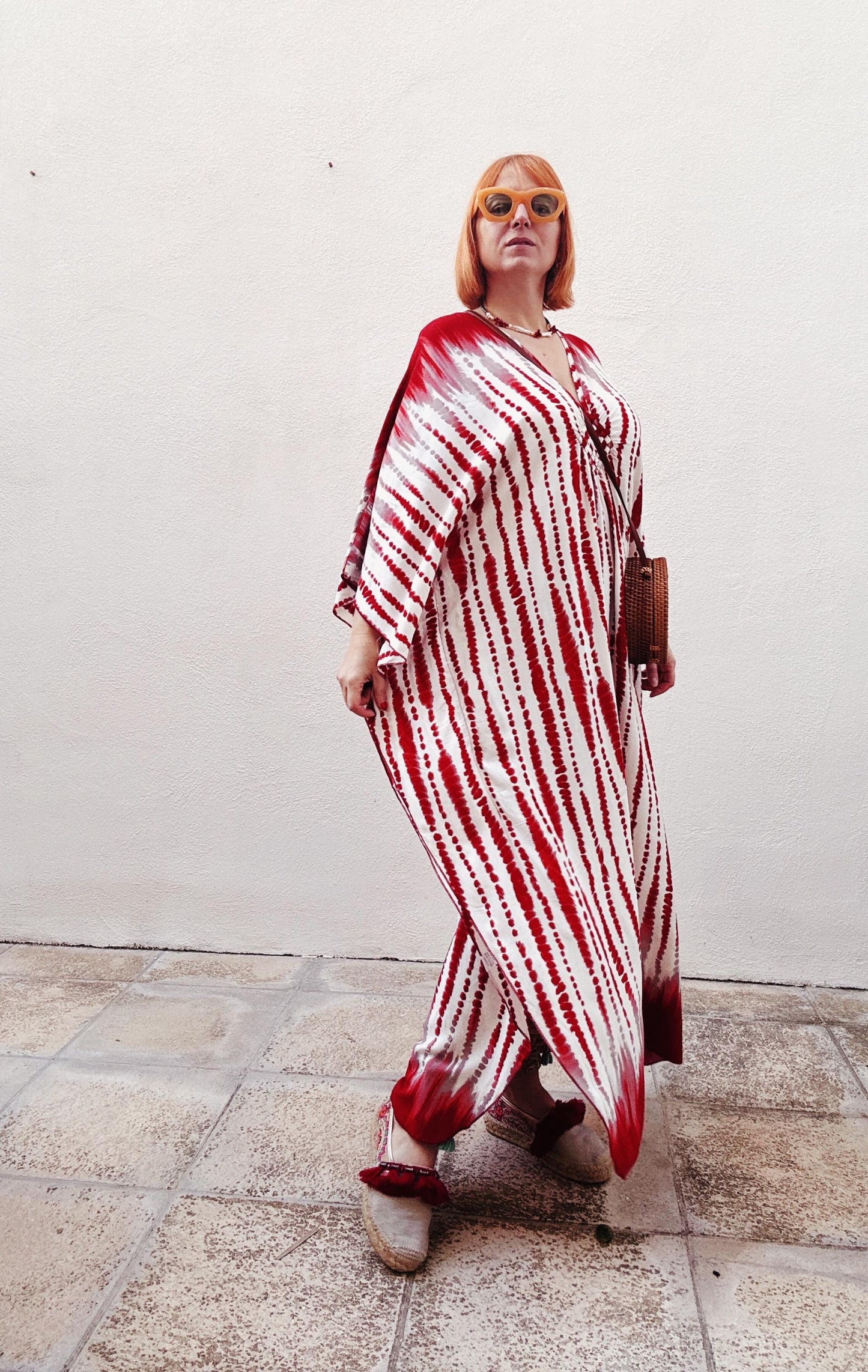 Elegant Tie-Dye Summer Robe Red and White Sophistication Lounge Wear Summer