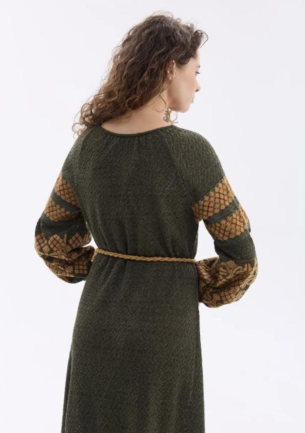 Ultra-stylish Long Summer Linen Crochet Vyshyvanka Dress In Olive Color