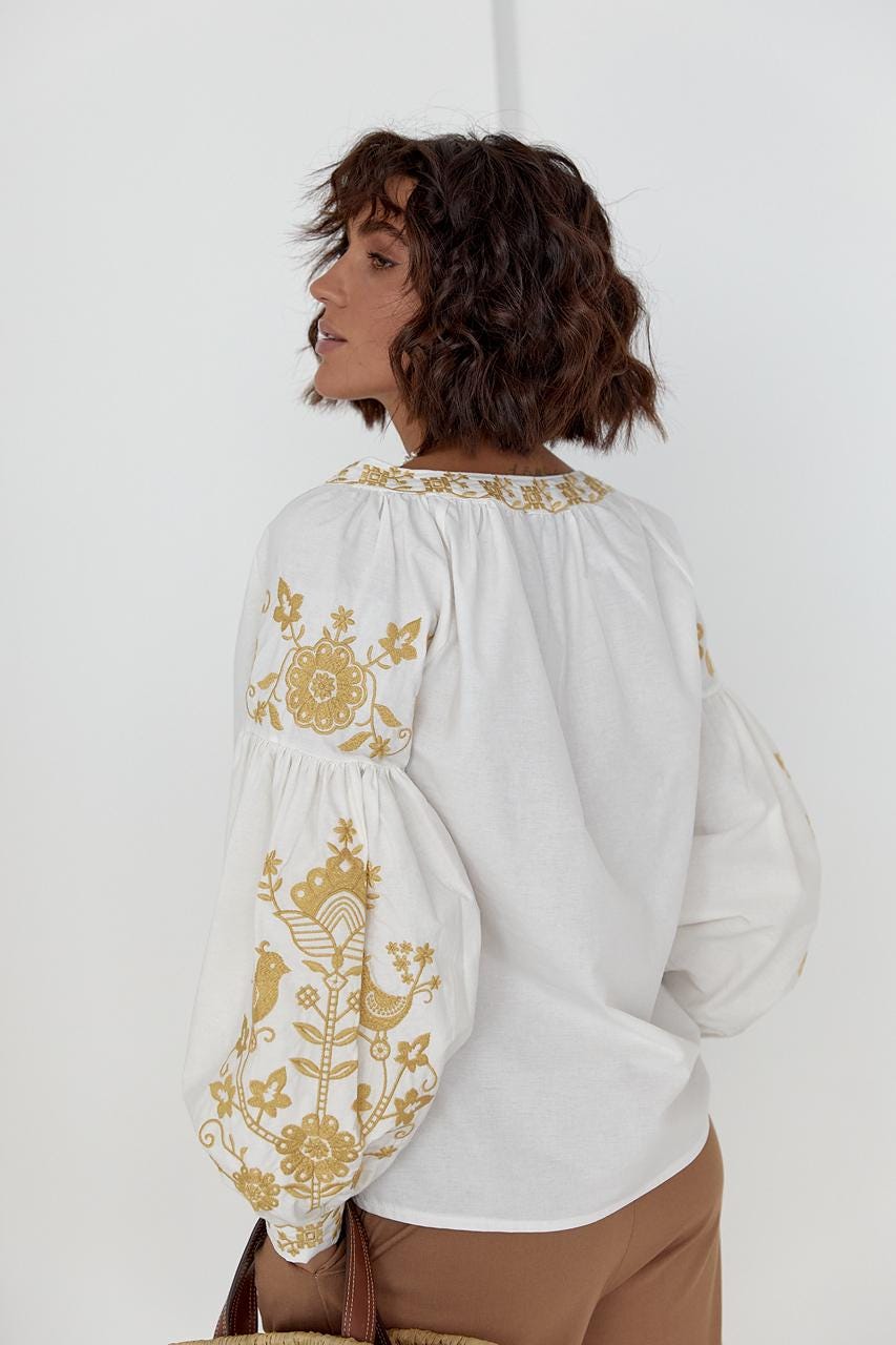 Beige Bohemian Style Embroidered Blouse for Women Ukrainian Vyshyvanka