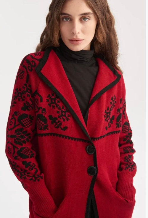 Warm Red Cardigan Coat Cozy Elegance with Embroidered Floral Charm