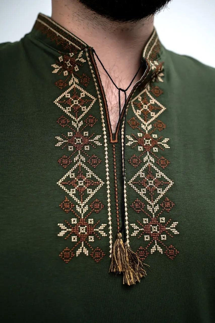 S-3XL Modern Embroidered Ukrainian T-Shirt for Men Green Base with Beige Brown Embroidery