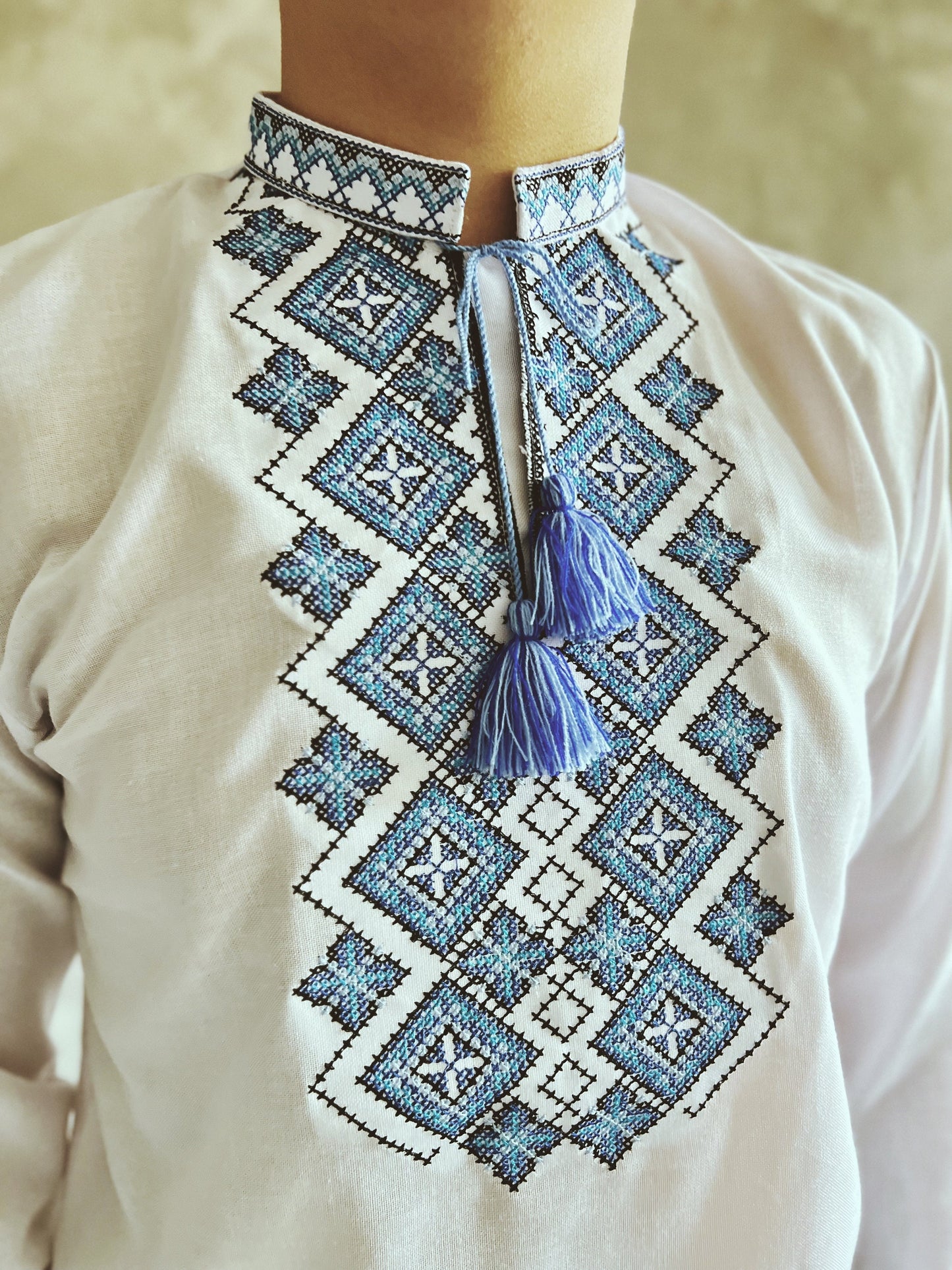 Traditional Ukrainian Vyshyvanka Long Sleeve Shirt with Blue Embroidery for Men