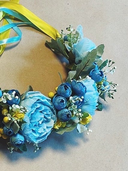 Blue and Yellow Luxury Floral Crown Boho-Chic Statement for Summer Festivals and Special Occasions