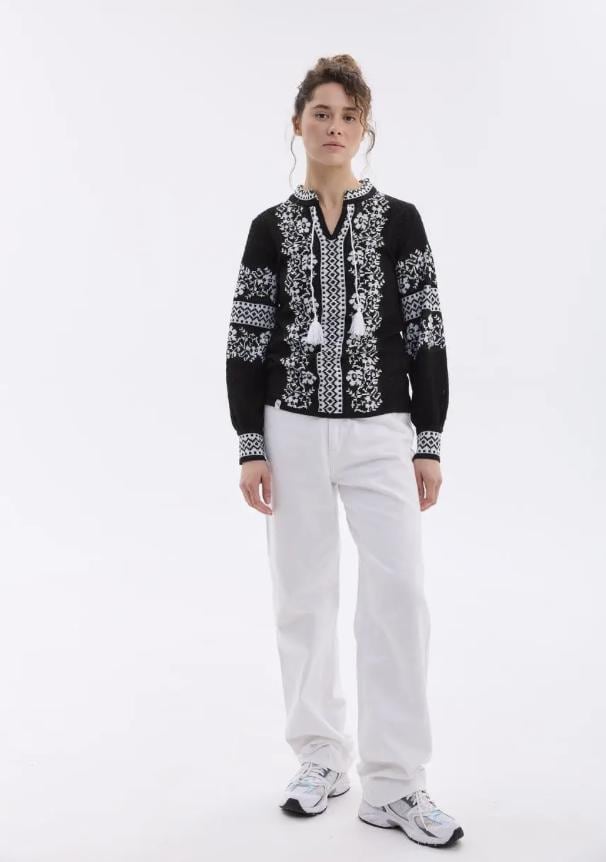 XS-4XL Knitted Black Ukrainian Blouse Crochet-Inspired Blouse with Embroidery Pattern
