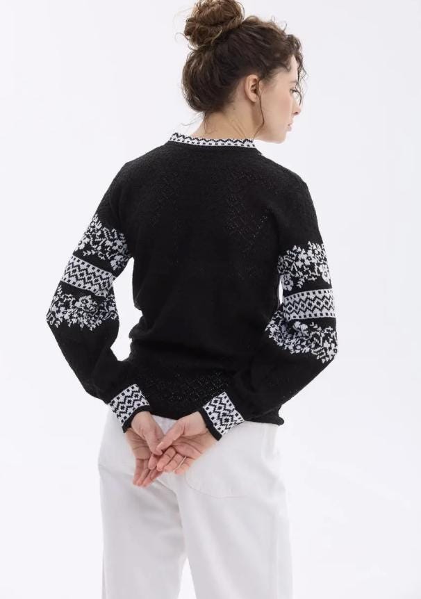 XS-4XL Knitted Black Ukrainian Blouse Crochet-Inspired Blouse with Embroidery Pattern
