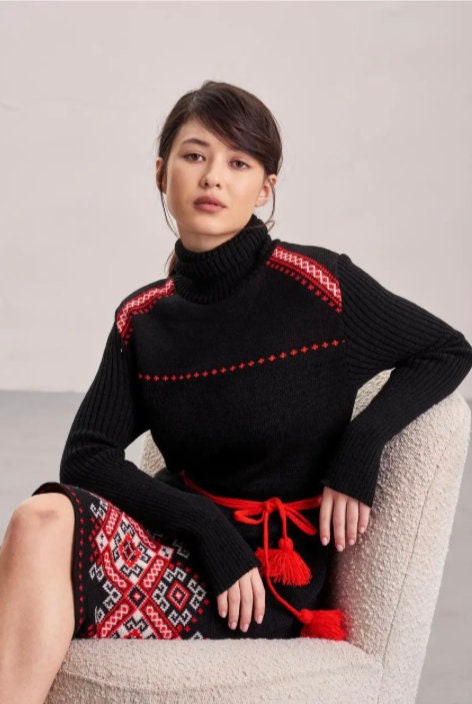 Black Body-Hugging Knit Warm Dress with Red Floral Embroidery and Pom-Pom Belt