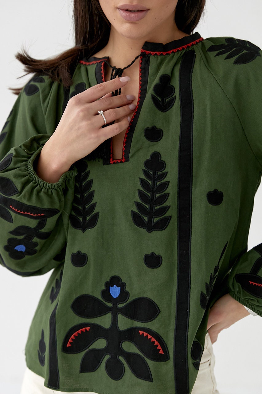 Gorgeous Green Boho Embroidered Blouse with Floral Motiff
