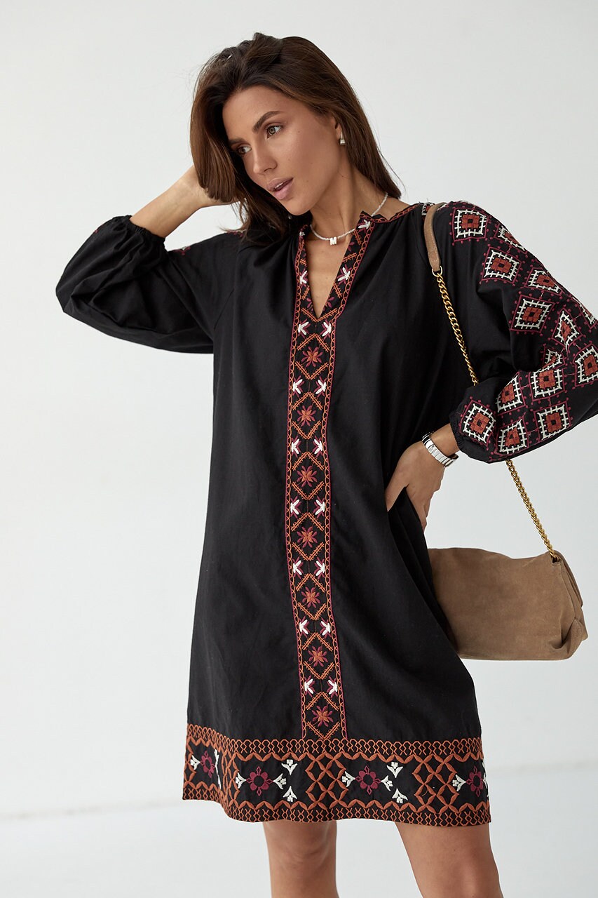 Classy Black Summer Folk Nouveau Dress with Red Embroidery