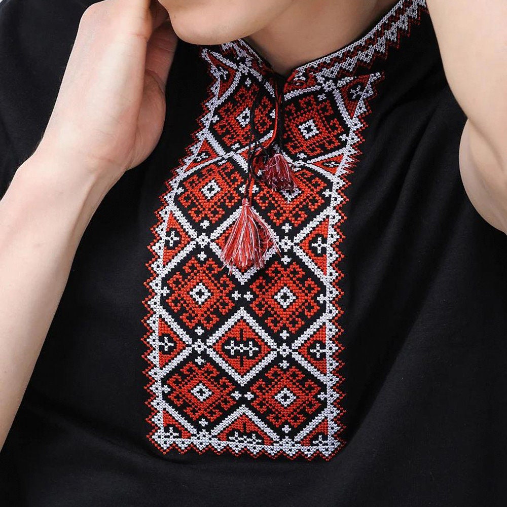 S-3XL Embroidered Ukrainian T-Shirt for Men Black Base with Traditional Red Embroidery