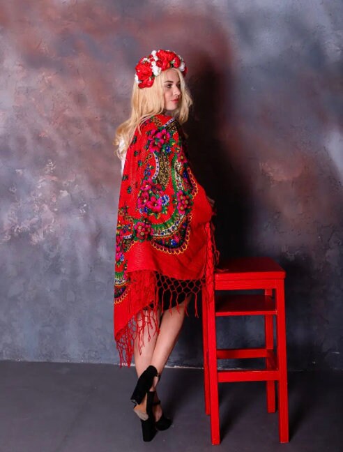 Large Classic Red Ukrainian Floral Slavic Shawl with Tassels