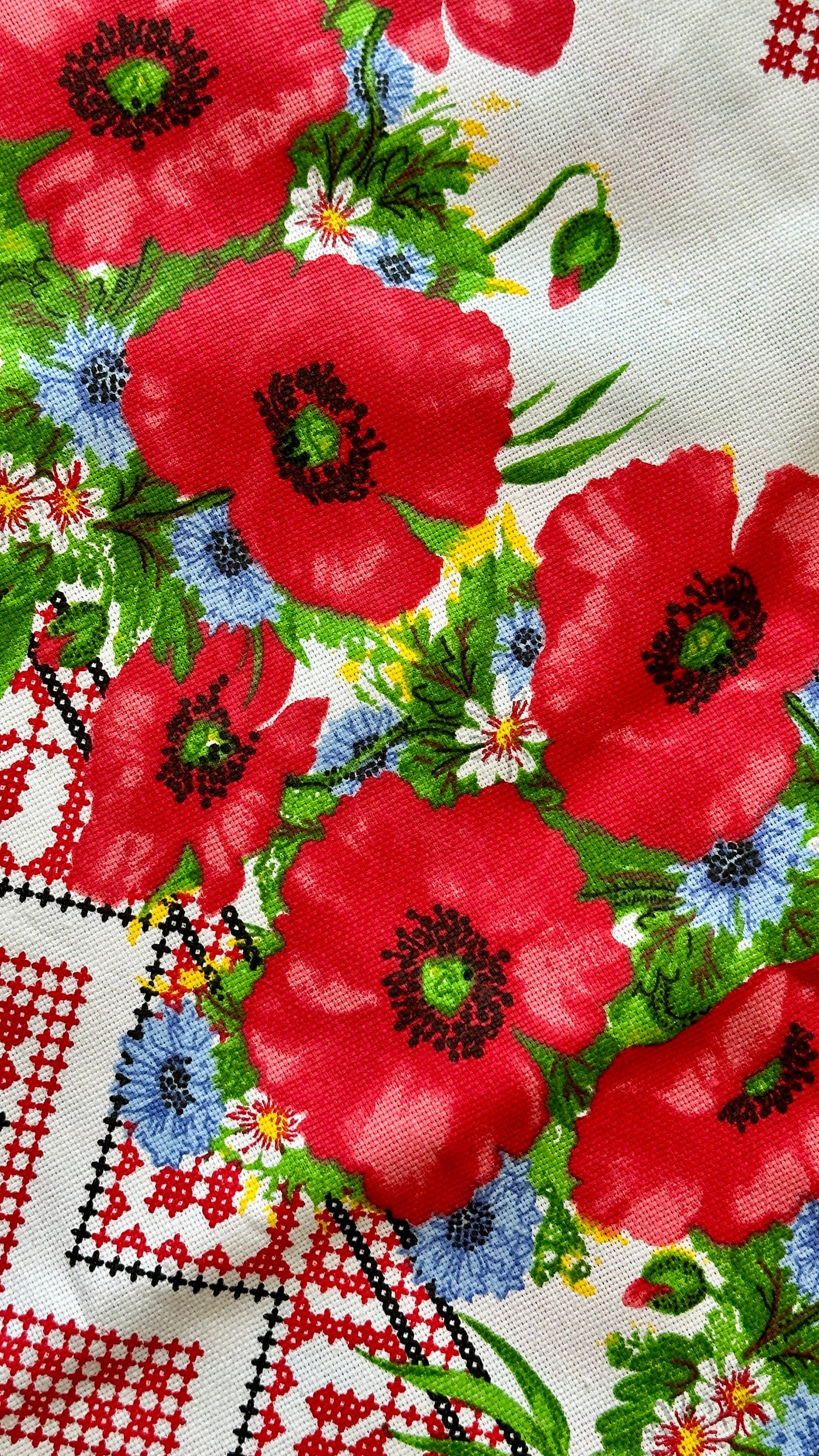 Large Red Ukrainian Tablecloth with Poppy Seed Flower Print