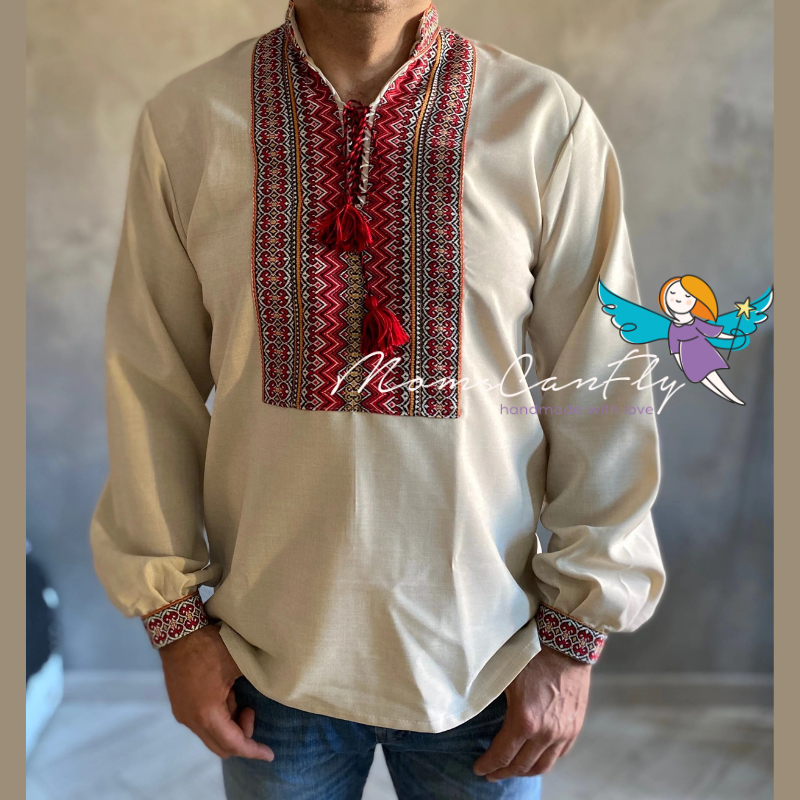 XXS-7XL Traditional Beige Linen-Gabardine Embroidered Shirt for Men β Red Embroidery Pattern