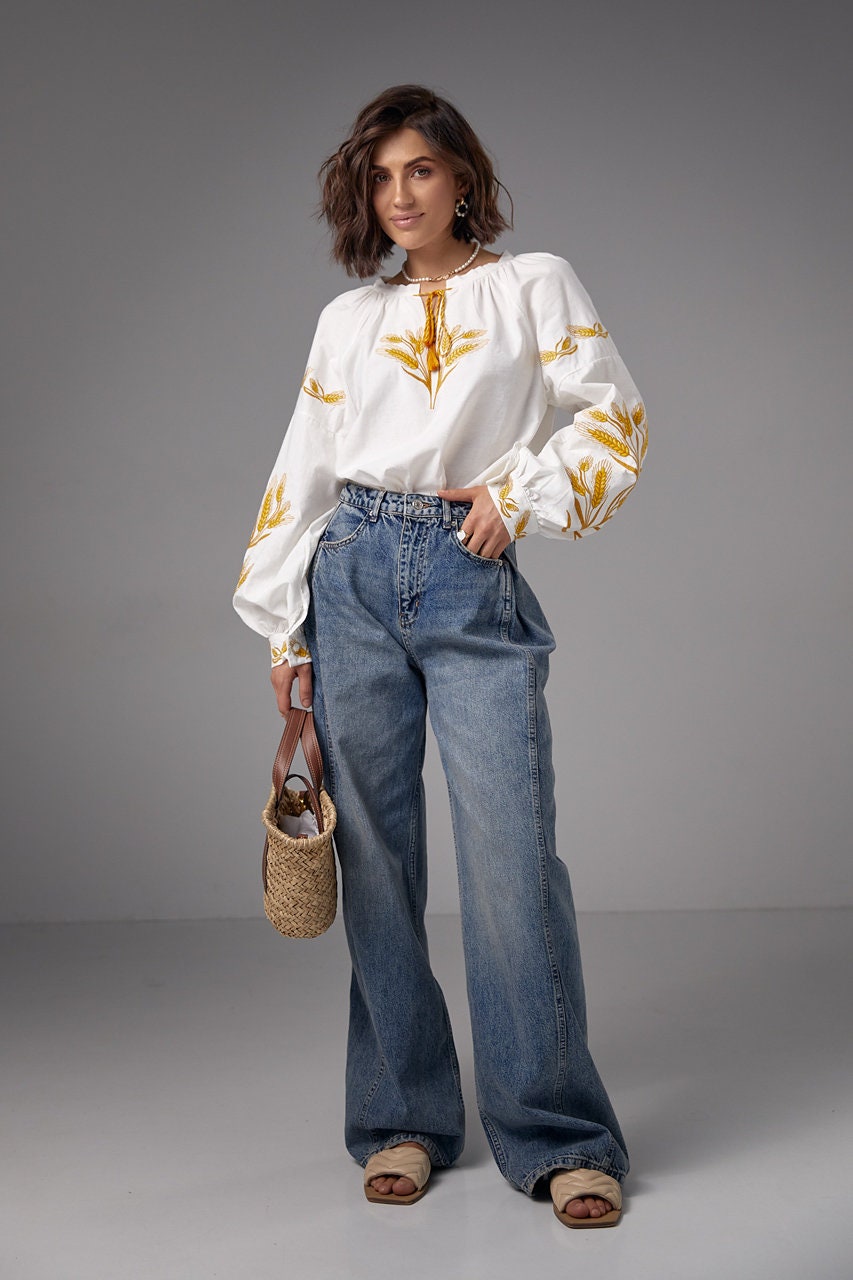 White Base Ukrainian Blouse with Golden Rye Corn Embroidery – Elegance Rooted in Tradition