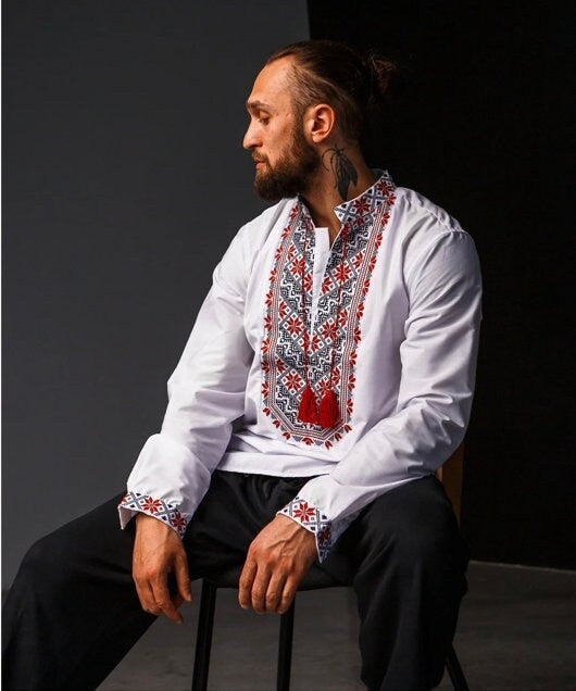 XS-5XL Elegant Modern Vyshyvanka for Men with Red Black Embroidery