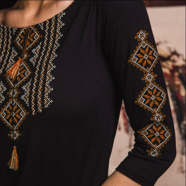 Folk Nouveau Black Ukrainian Blouse with Gold Geometric Embroidery