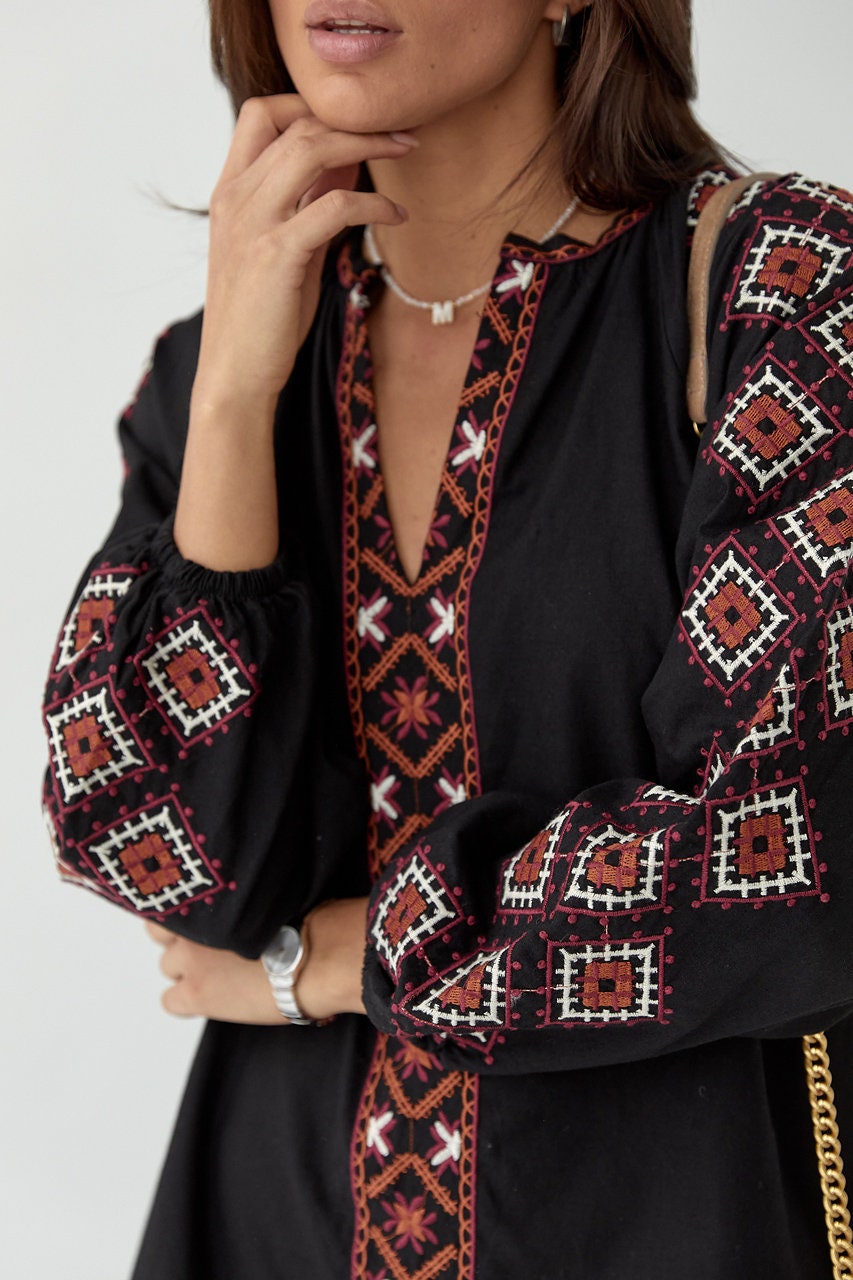 Classy Black Summer Folk Nouveau Dress with Red Embroidery