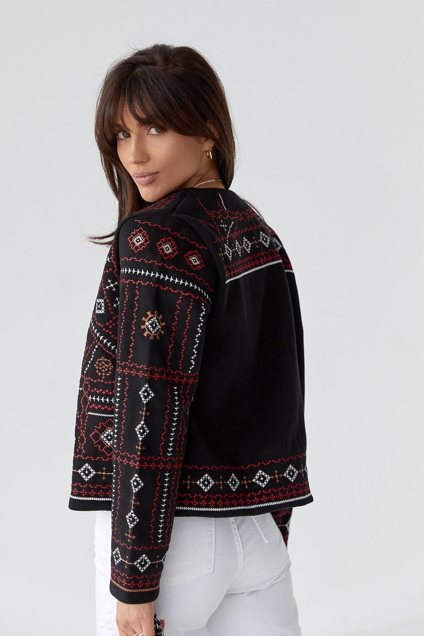 Boho Folk-Inspired Cropped Blazer with Red & White Geometric Stitching