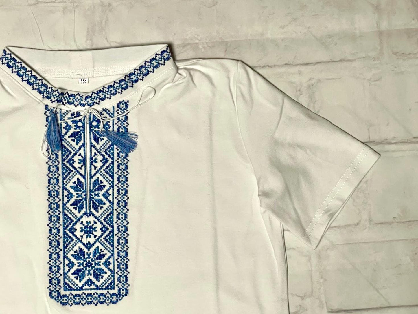 1-13YO White Traditional Ukrainian T-Shirt Vyshyvanka for Boys with Blue Embroidery