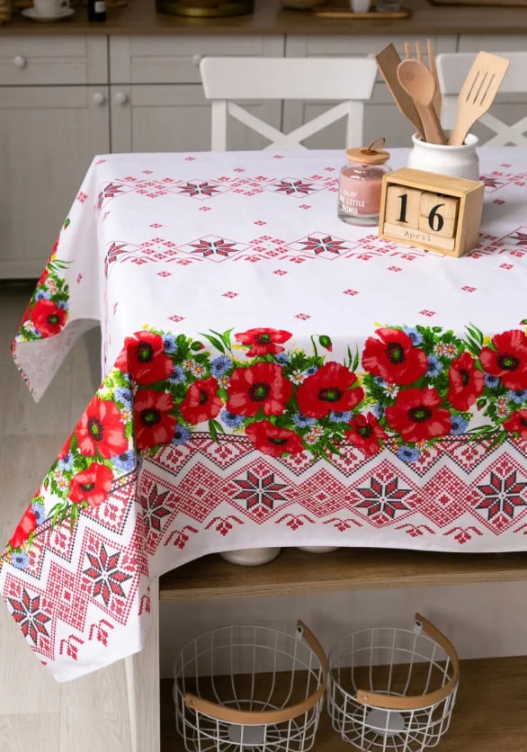 Large Red Ukrainian Tablecloth with Poppy Seed Flower Print