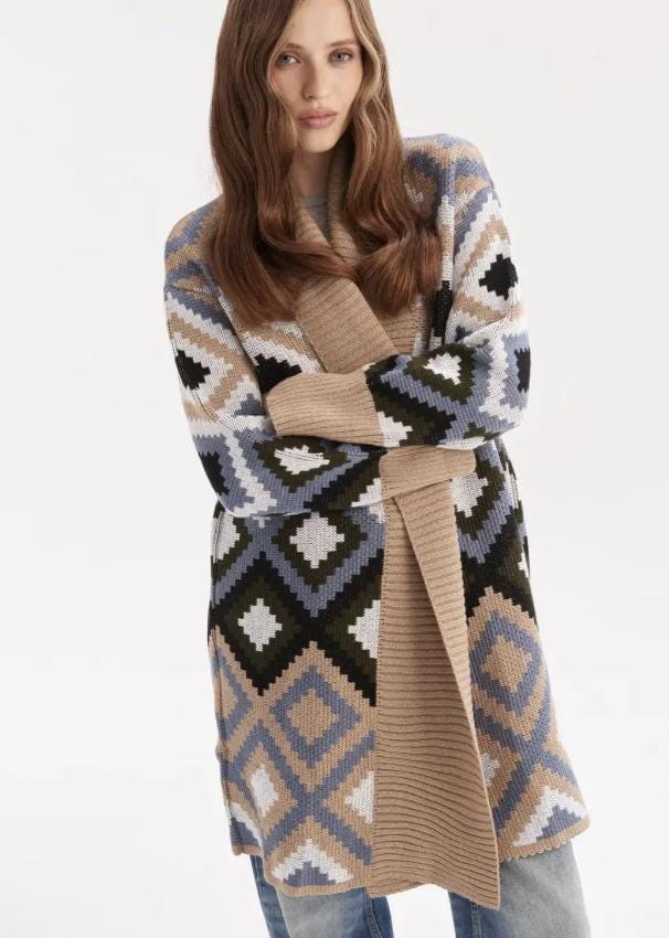 Warm Knitted Cardigan Elegant Blend of Brown Blue and White