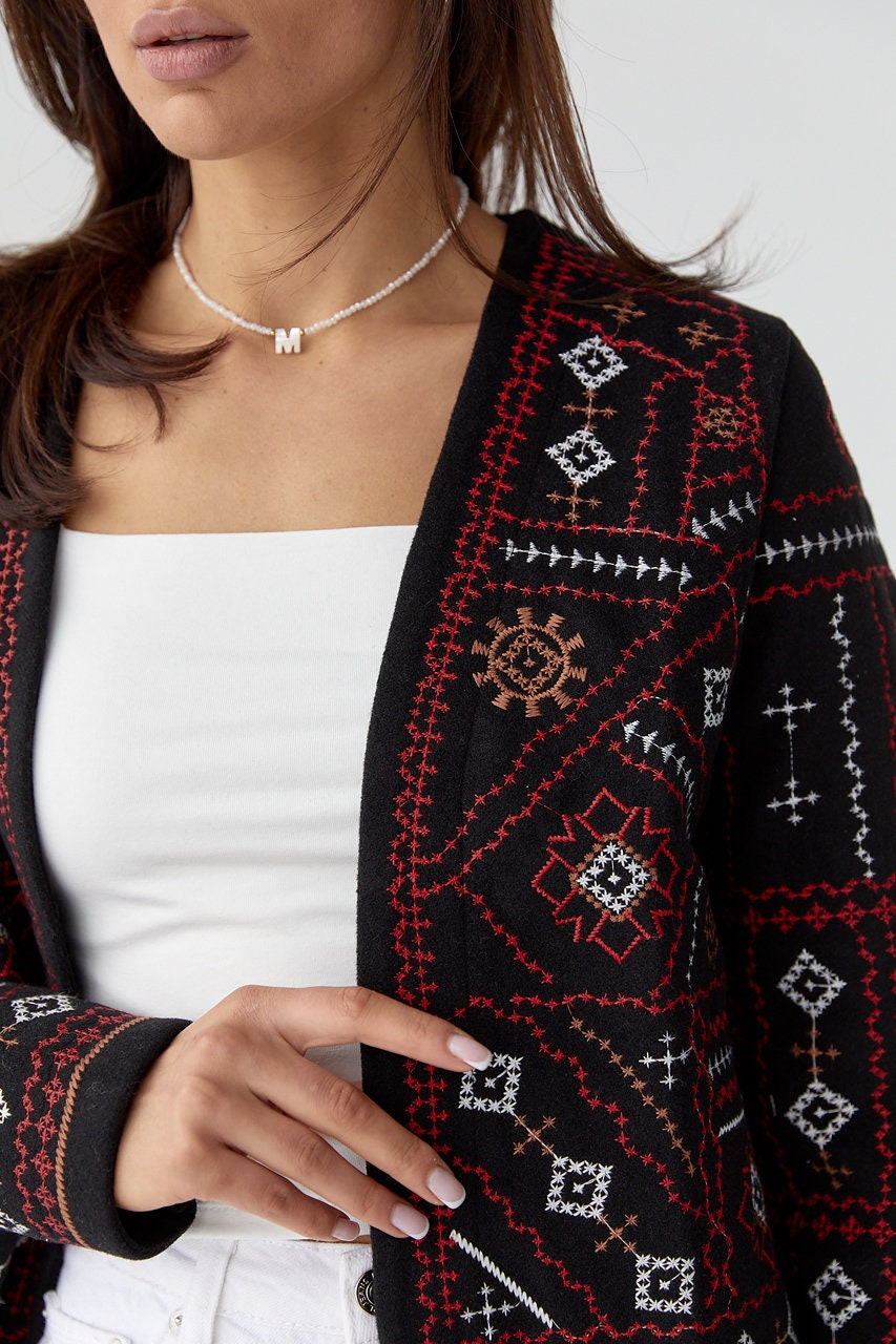 Boho Folk-Inspired Cropped Blazer with Red & White Geometric Stitching