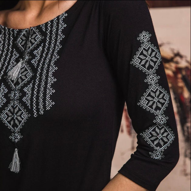 Boho Black Ukrainian Blouse with Grey Geometric Embroidery