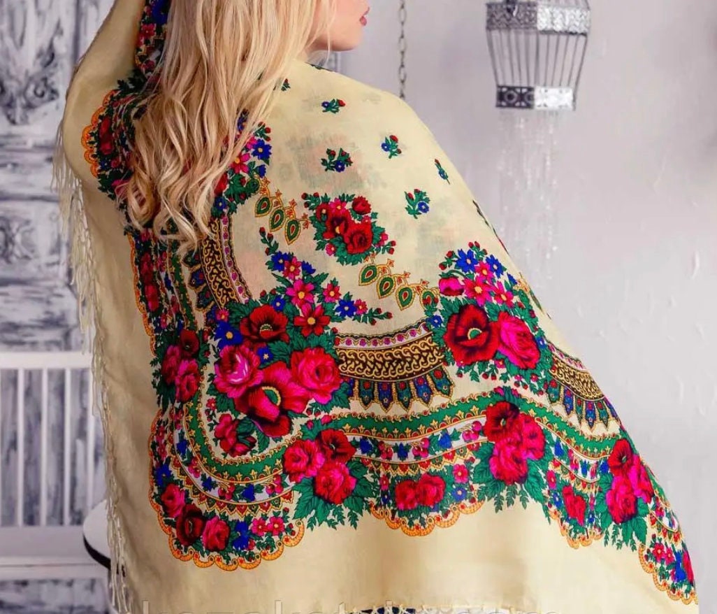 Large Cream Floral Wool Shawl with Tassels Traditional Ukrainian Babushka Scarf