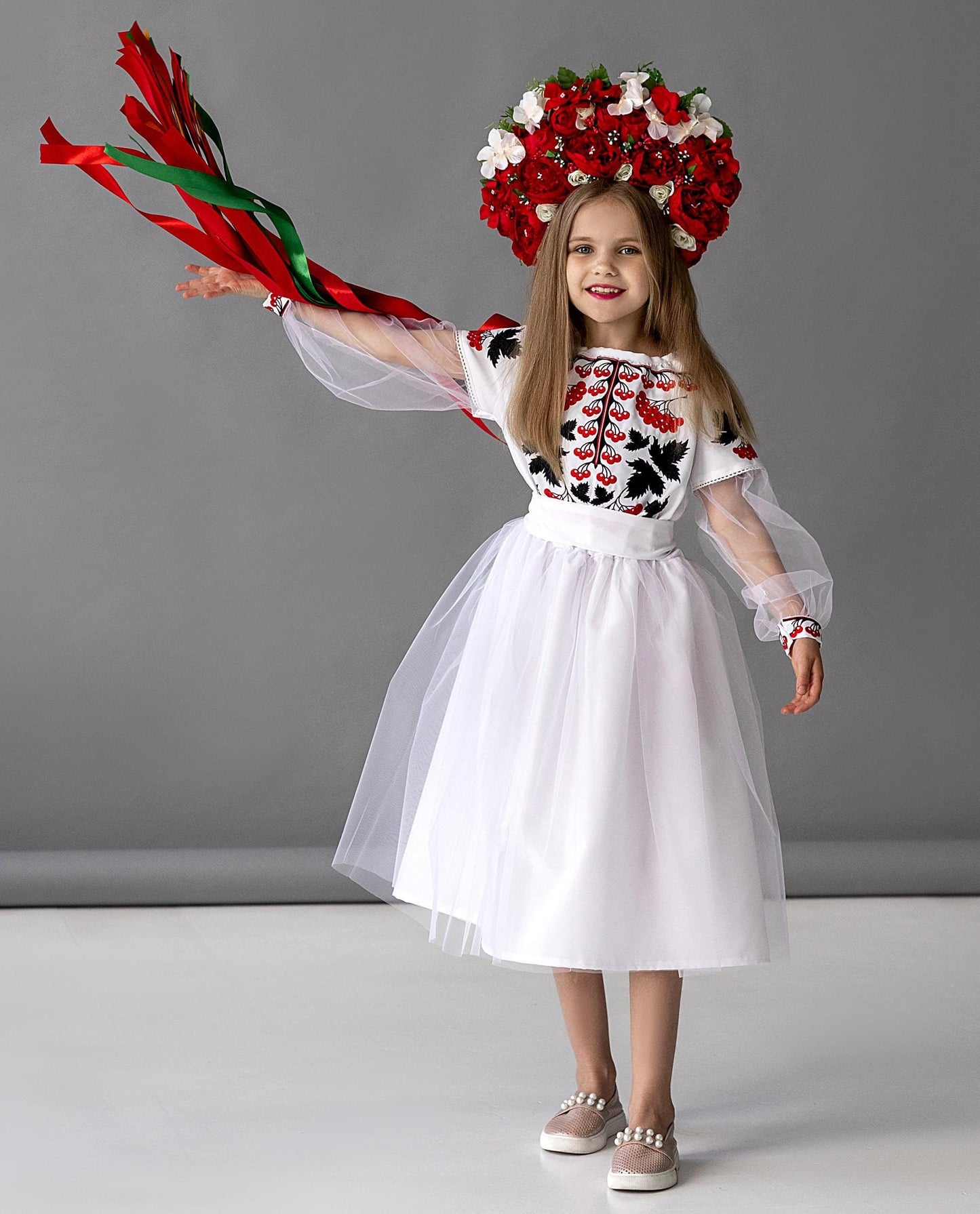 White Boho Ukrainian Dress with Kalyna Embroidery & Tulle Accents Vyshyvanka Dress for Girls