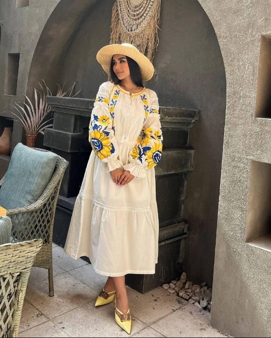 Summer Vyshyvanka Dress with Sunflower Embroidery Effortless Boho Resourt Wear